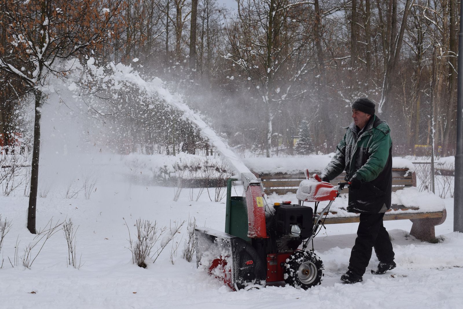 Operator using a snow blower in a park