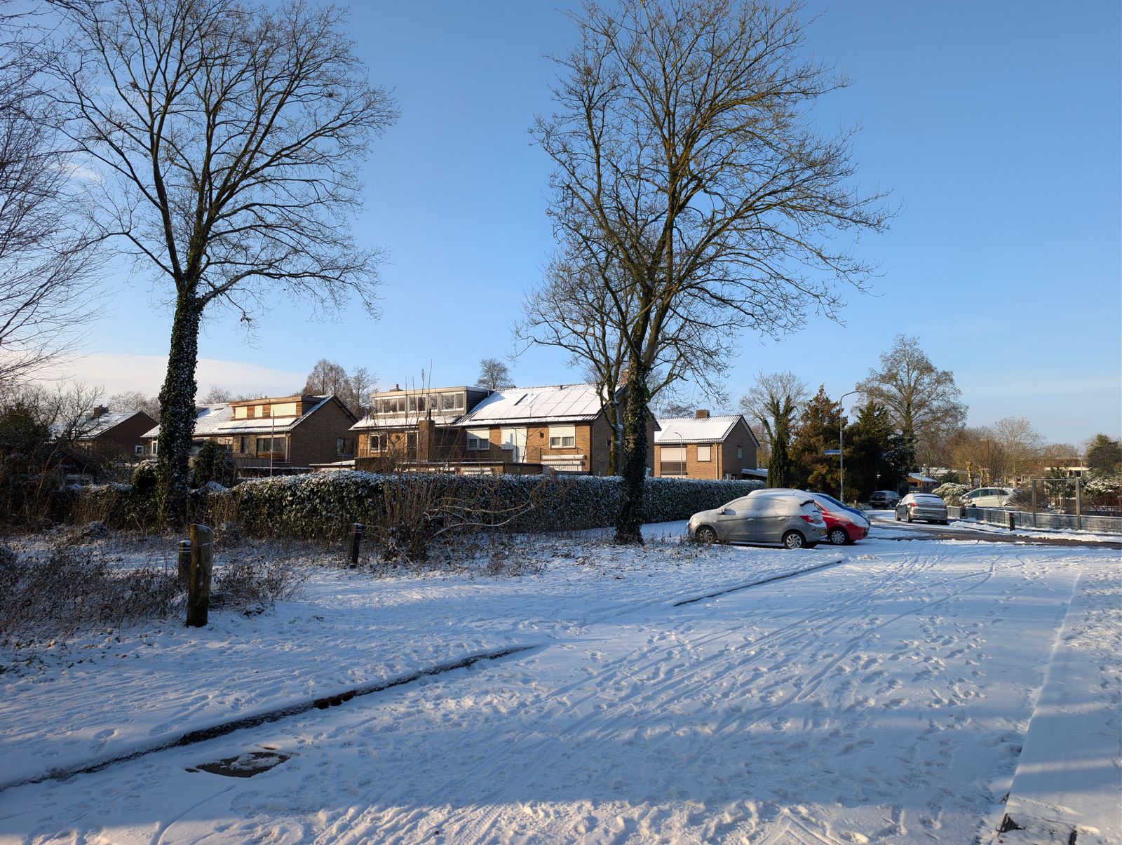 Snow-covered suburban street on a sunny winter morning