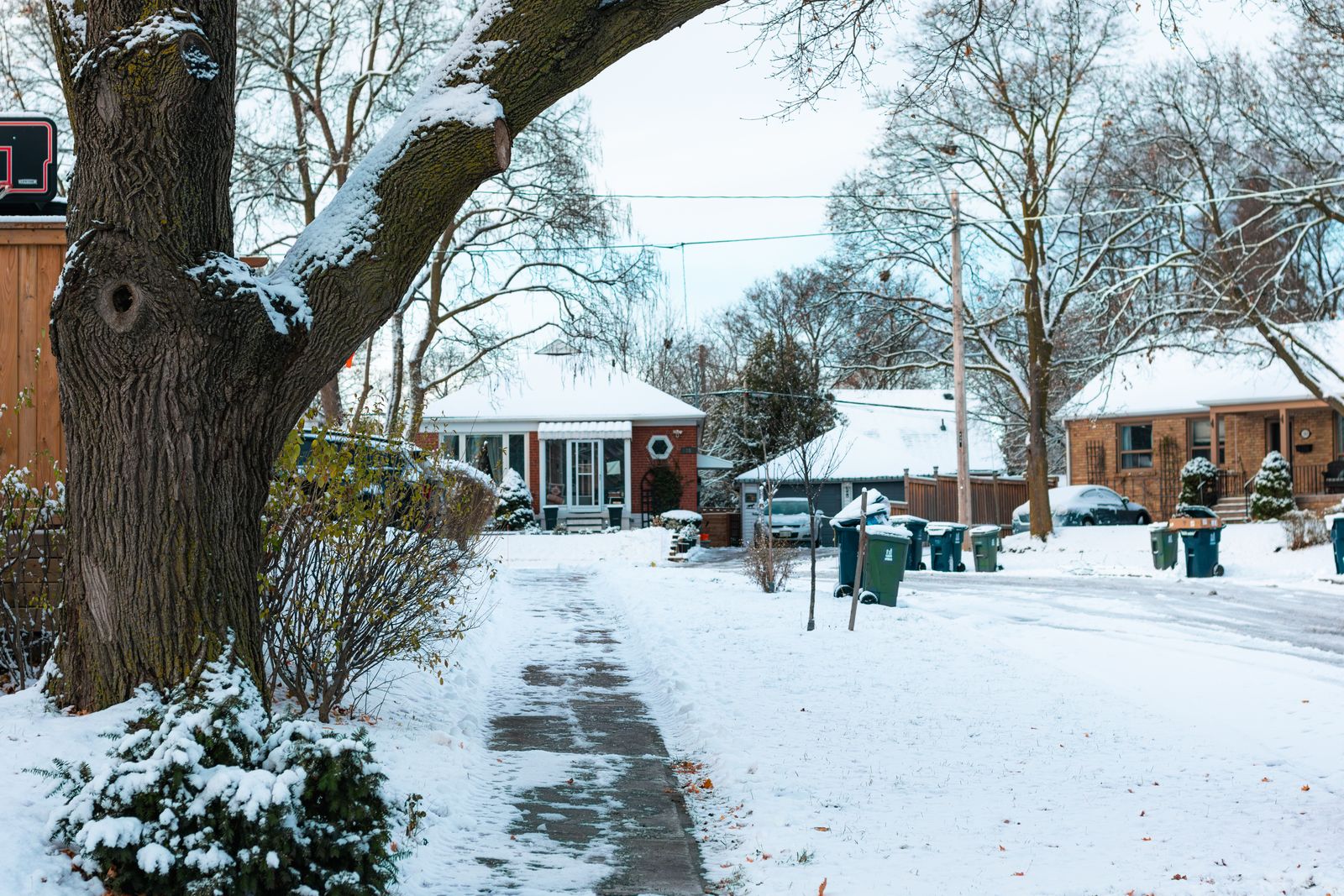 Snowy residential neighbourhood street in Toronto during winter